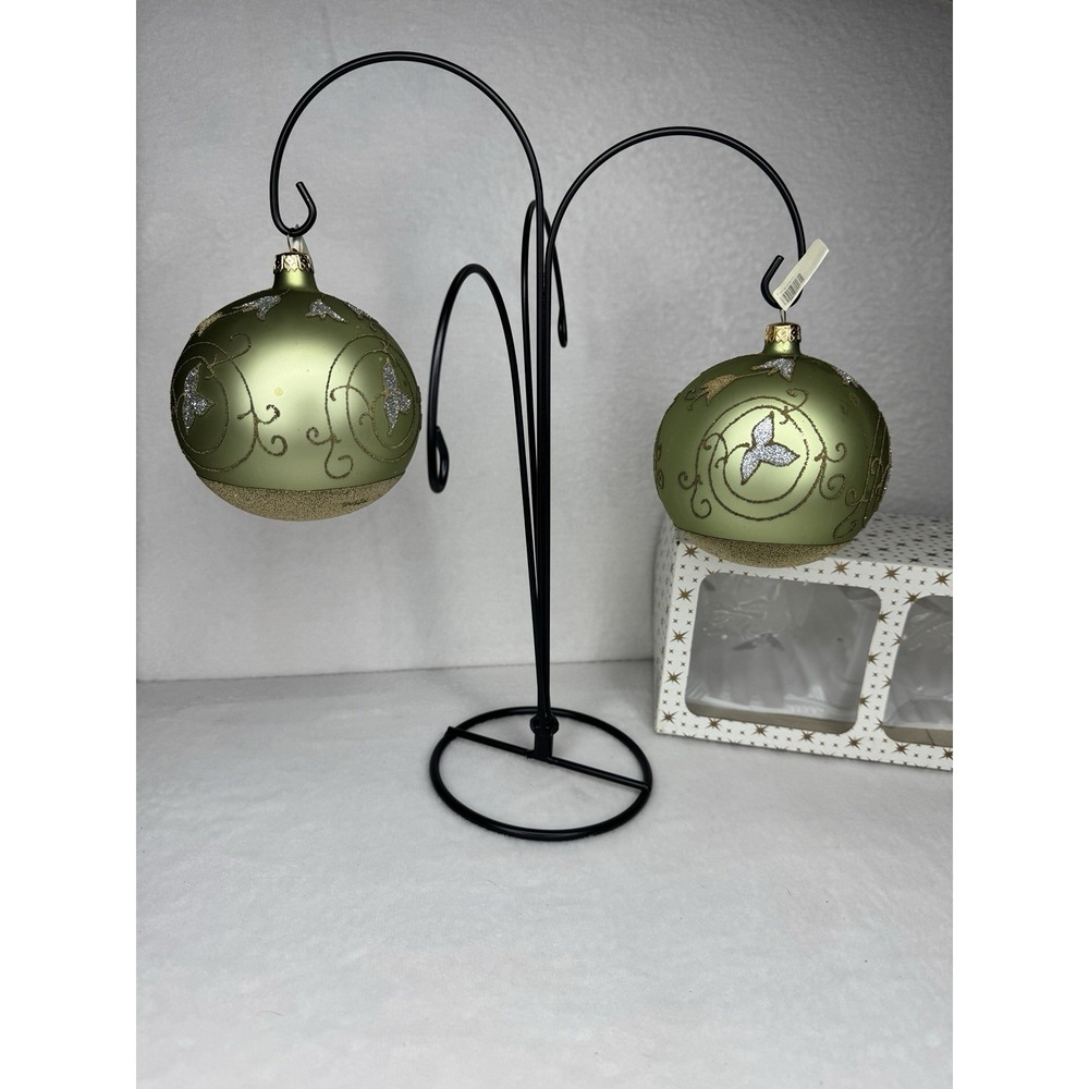 Set of 2 Large Polish Glass Christmas Ornaments Safe Green & Glitter 4" Boxed